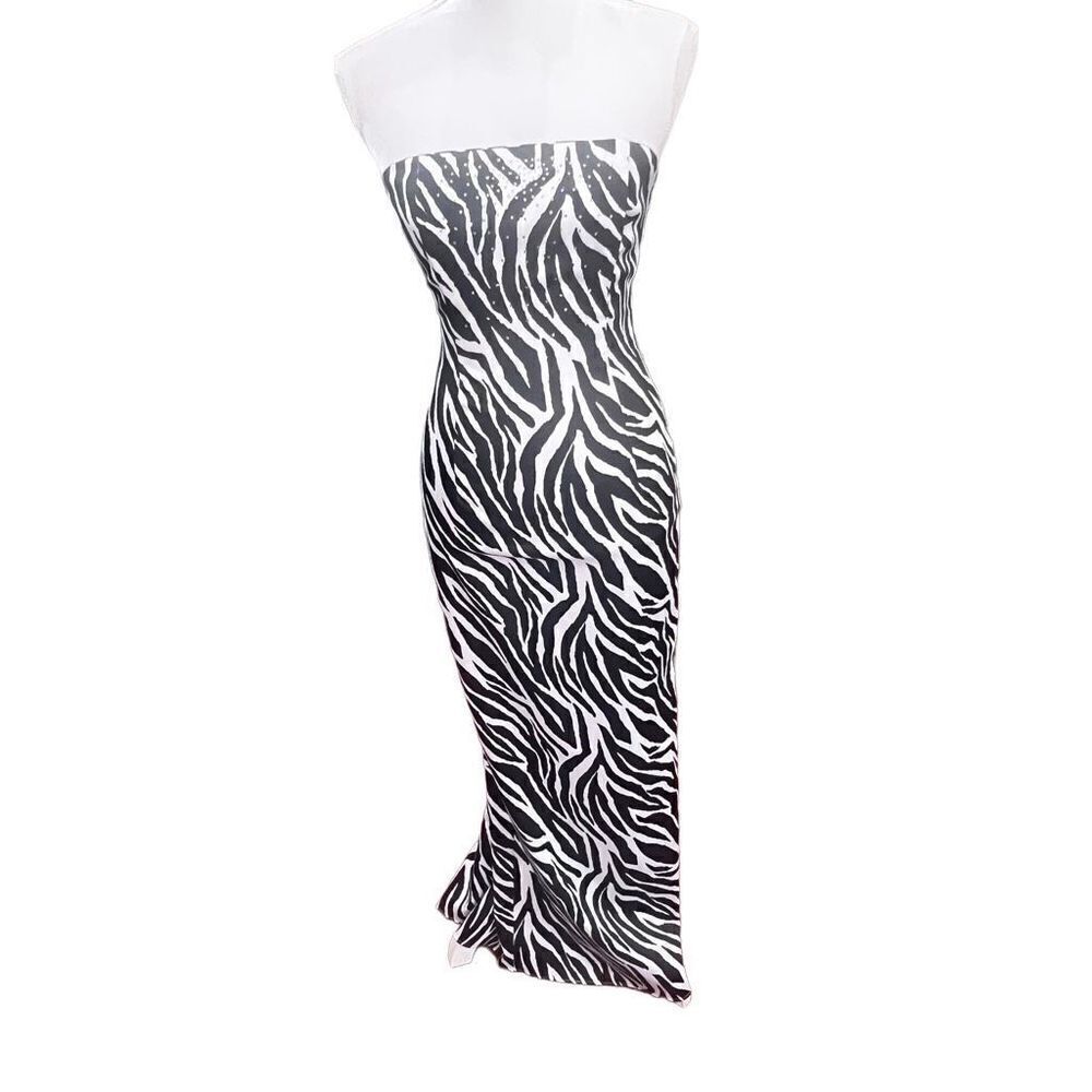 Y2K Vintage Jessica McClintock Gunne Sax zebra print strapless gown sz 5 prom